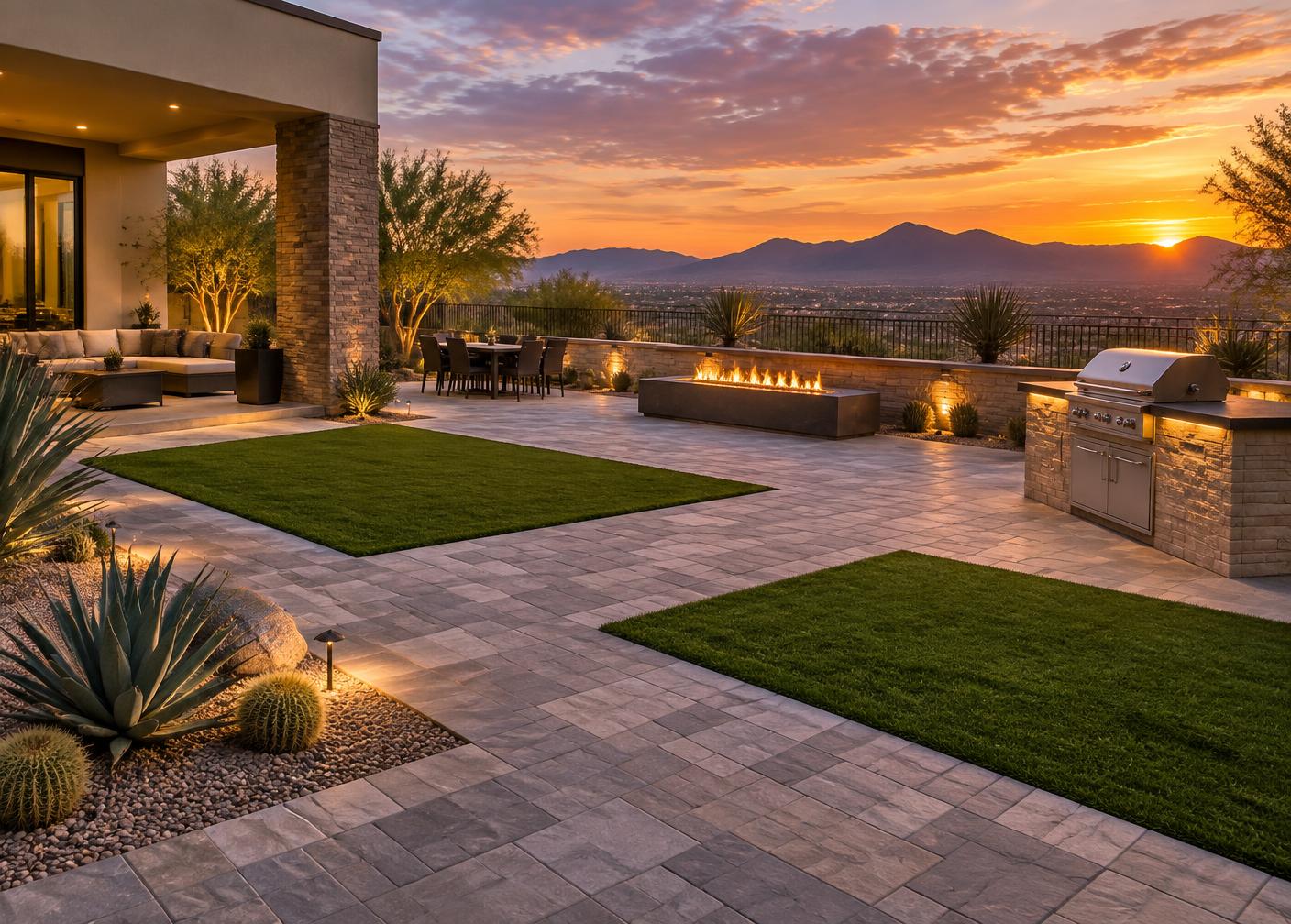 Henderson outdoor living area with pavers, turf and a fire feature