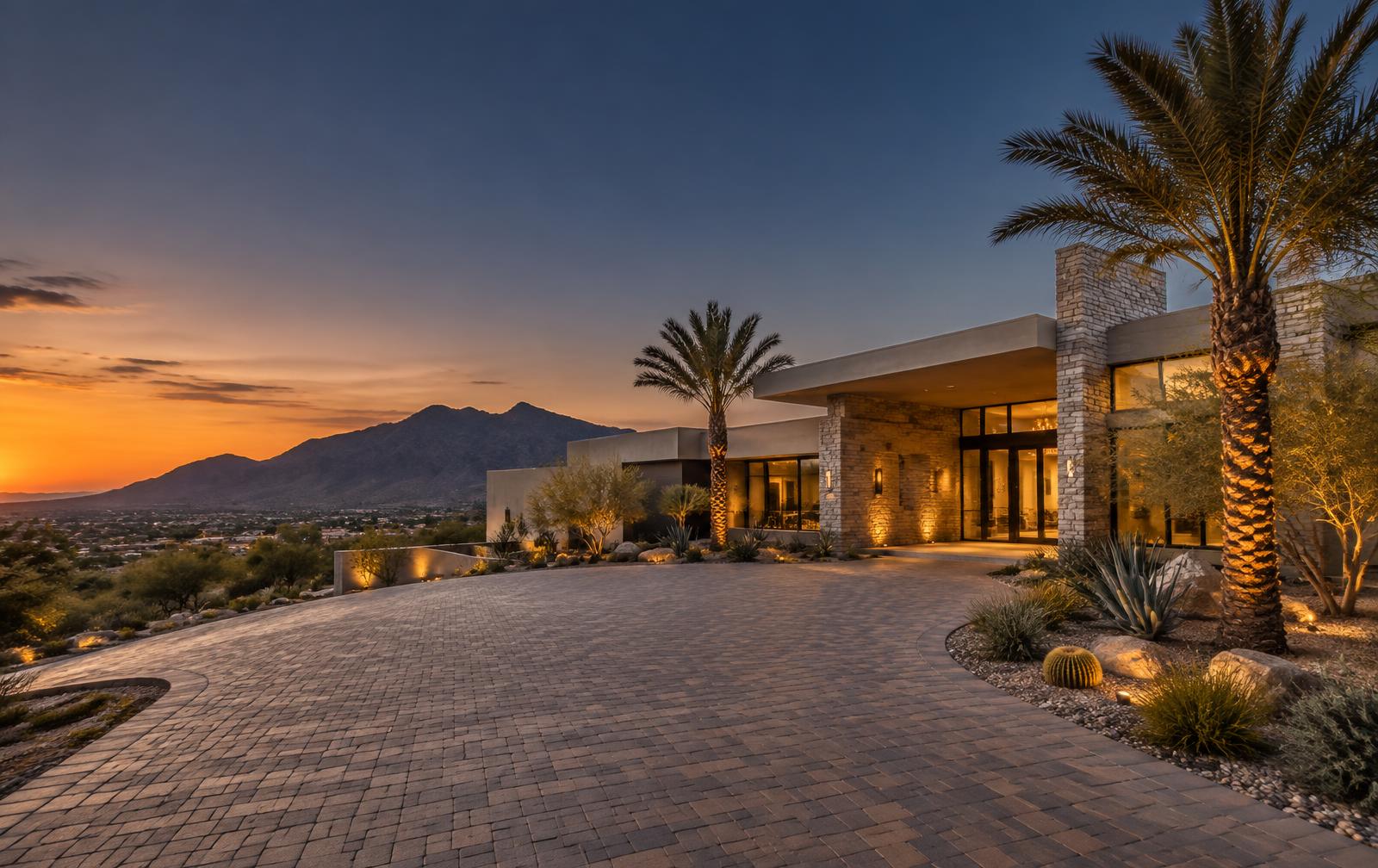 Luxury Henderson home with a custom paver driveway at sunset