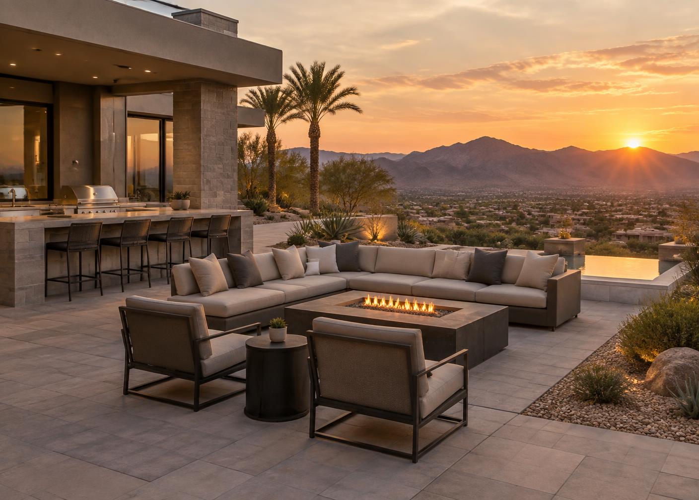Luxury paver patio with outdoor lounge and fire table overlooking Henderson