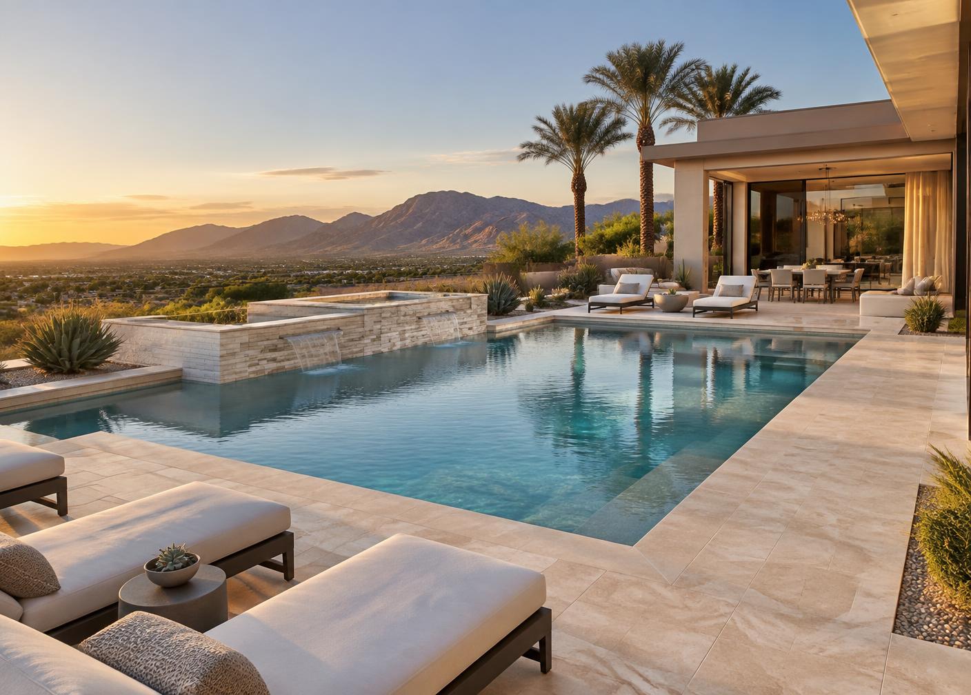 Travertine paver pool deck at a luxury Henderson home with mountain views