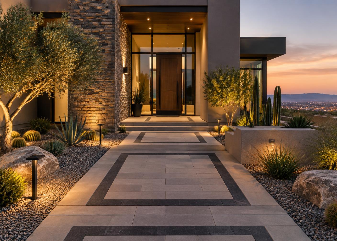 Geometric paver entry walkway with landscape lighting at a Henderson home